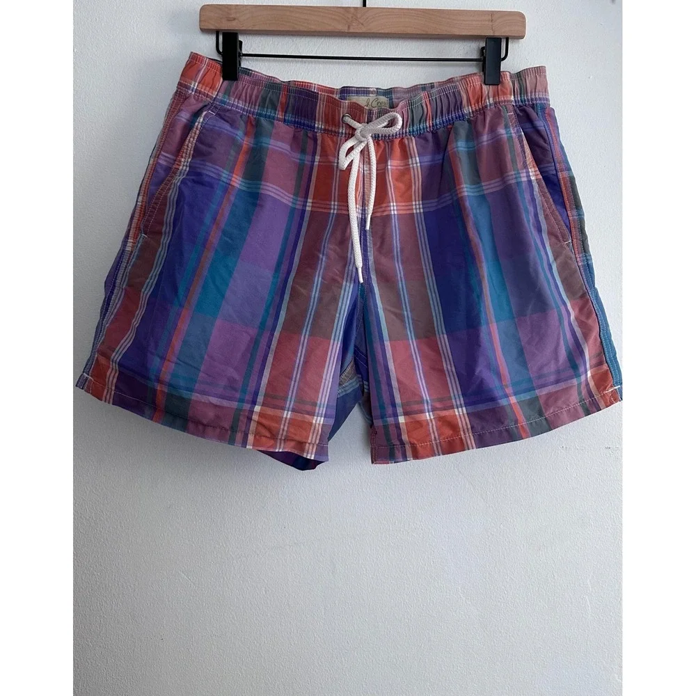 J.Crew Preppy Plaid Purple Orange Blue Board Shorts Medium Coastal Sunset Beachy